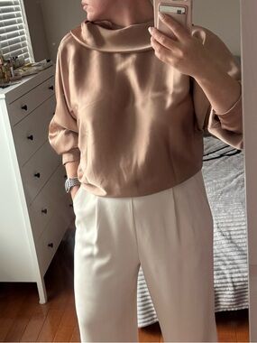 Express Satin Blouse XL Champagne Beige Draped Neck Silky Top